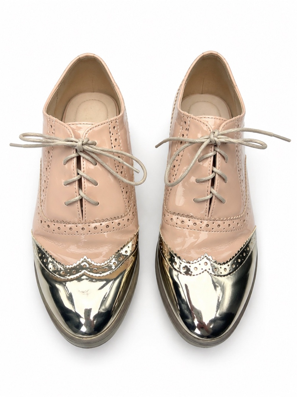 Women's Patent Leather Brogue Oxfords in Blush with Metallic Toe Size 7
